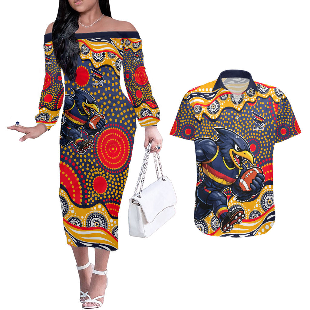 Adelaide Crows Couples Matching Off The Shoulder Long Sleeve Dress and Hawaiian Shirt Aboriginal Dot Pattern - Football Mascot Heritage Pride