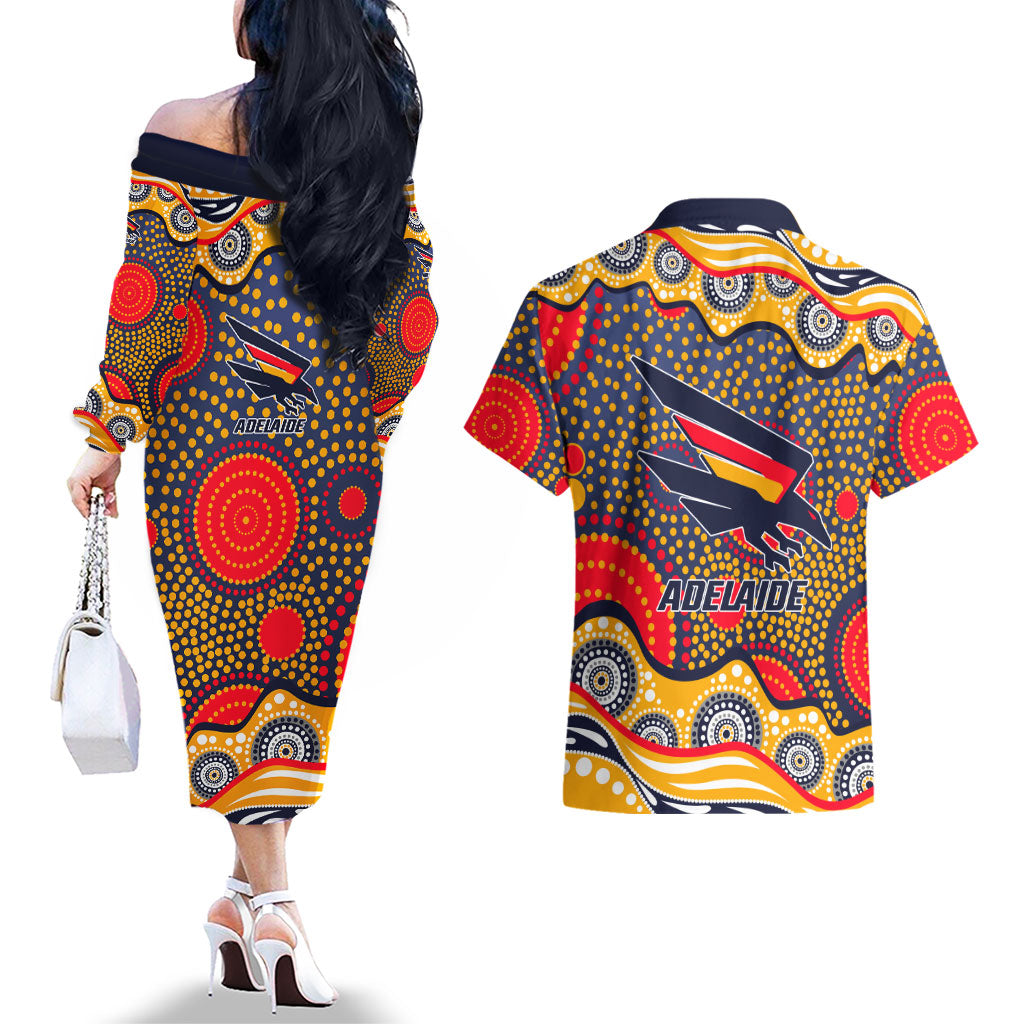 Adelaide Crows Couples Matching Off The Shoulder Long Sleeve Dress and Hawaiian Shirt Aboriginal Dot Pattern - Football Mascot Heritage Pride