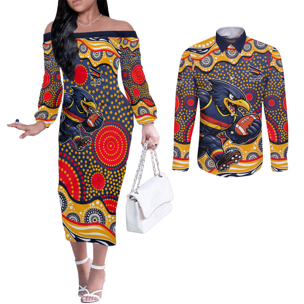 Adelaide Crows Couples Matching Off The Shoulder Long Sleeve Dress and Long Sleeve Button Shirt Aboriginal Dot Pattern - Football Mascot Heritage Pride
