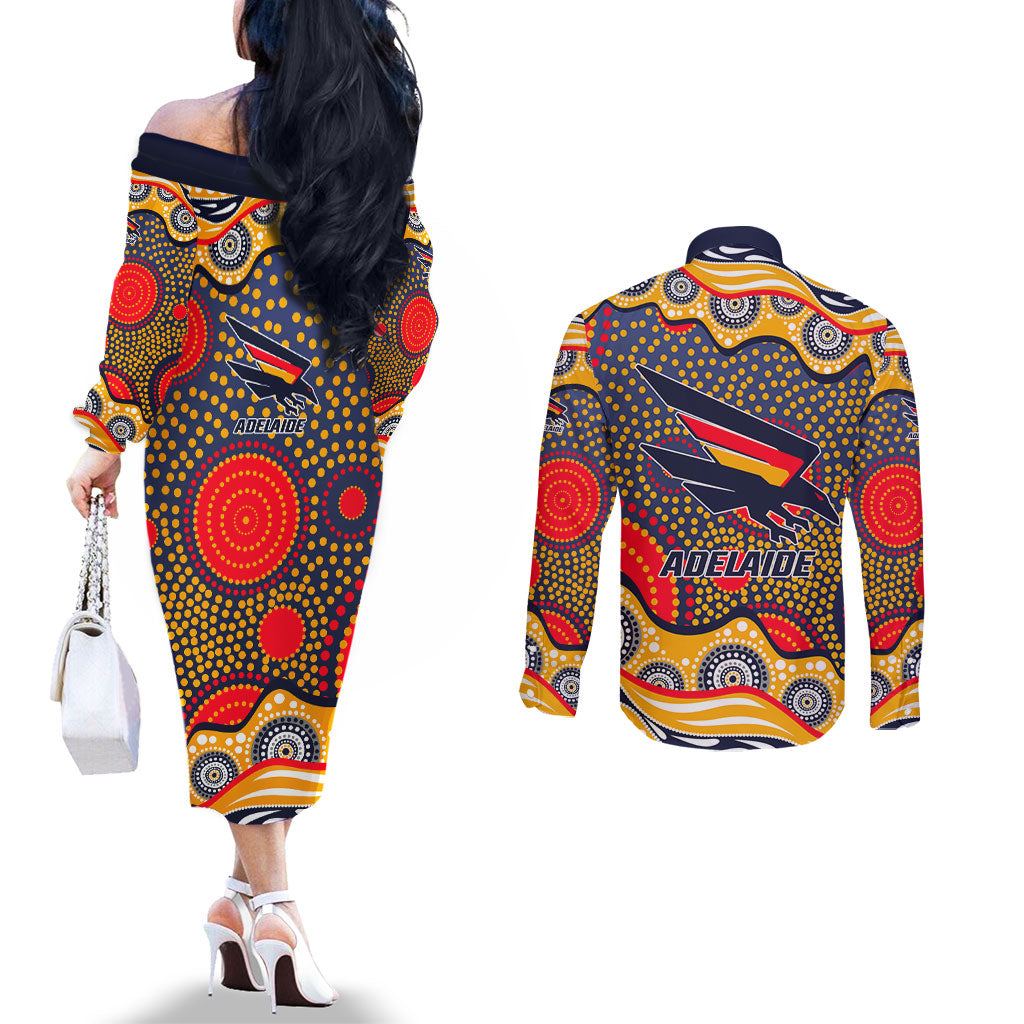Adelaide Crows Couples Matching Off The Shoulder Long Sleeve Dress and Long Sleeve Button Shirt Aboriginal Dot Pattern - Football Mascot Heritage Pride