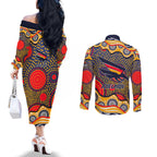 Adelaide Crows Couples Matching Off The Shoulder Long Sleeve Dress and Long Sleeve Button Shirt Aboriginal Dot Pattern - Football Mascot Heritage Pride