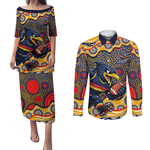 Adelaide Crows Couples Matching Puletasi and Long Sleeve Button Shirt Aboriginal Dot Pattern - Football Mascot Heritage Pride