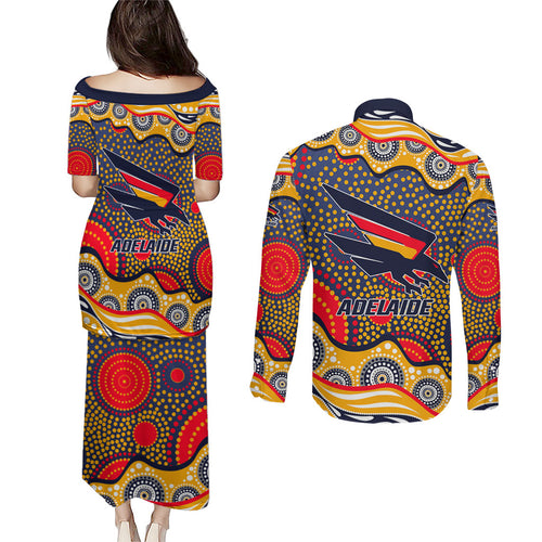 Adelaide Crows Couples Matching Puletasi and Long Sleeve Button Shirt Aboriginal Dot Pattern - Football Mascot Heritage Pride