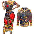 Adelaide Crows Couples Matching Short Sleeve Bodycon Dress and Long Sleeve Button Shirt Aboriginal Dot Pattern - Football Mascot Heritage Pride