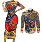Adelaide Crows Couples Matching Short Sleeve Bodycon Dress and Long Sleeve Button Shirt Aboriginal Dot Pattern - Football Mascot Heritage Pride