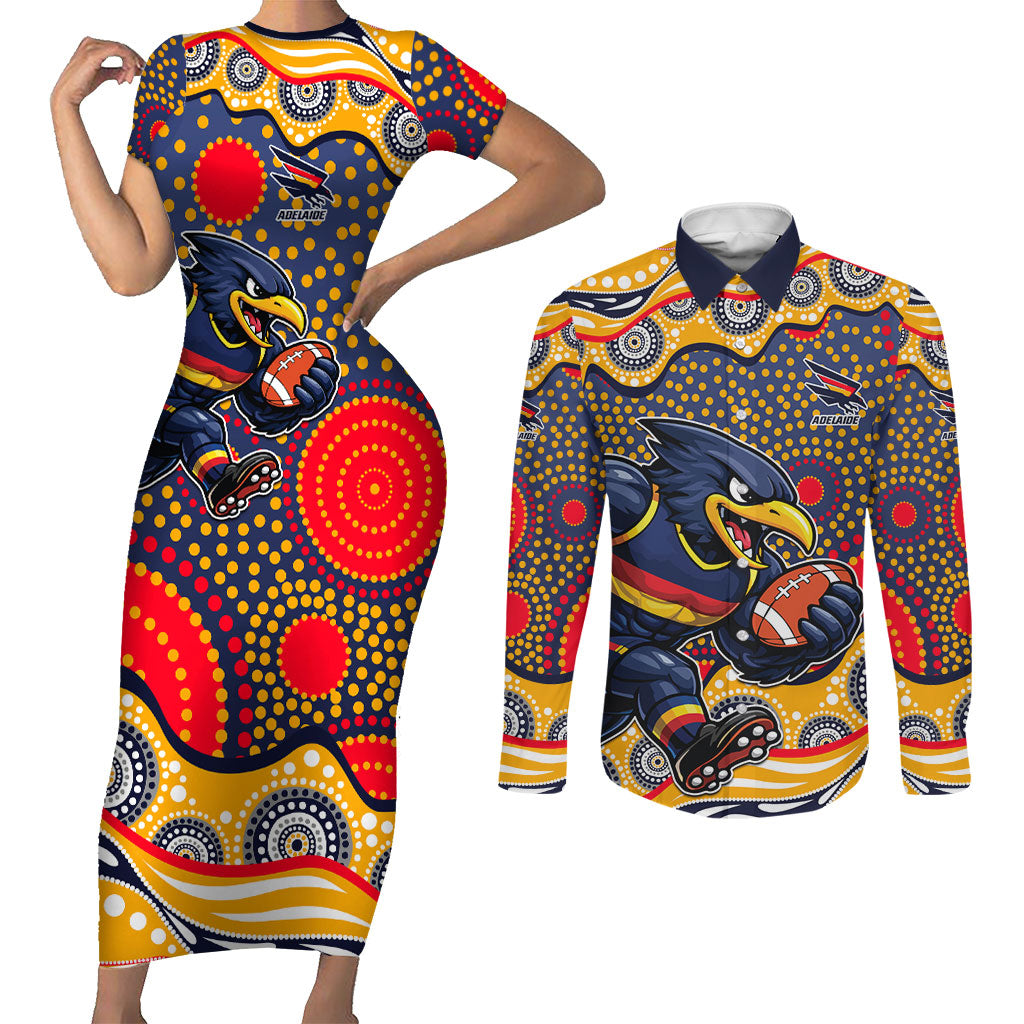 Adelaide Crows Couples Matching Short Sleeve Bodycon Dress and Long Sleeve Button Shirt Aboriginal Dot Pattern - Football Mascot Heritage Pride