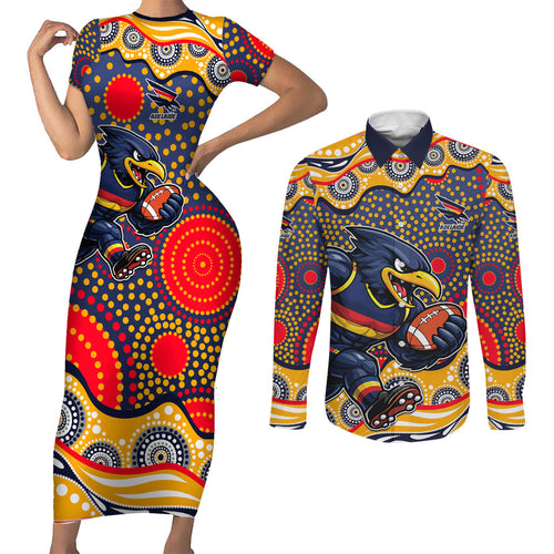 Adelaide Crows Couples Matching Short Sleeve Bodycon Dress and Long Sleeve Button Shirt Aboriginal Dot Pattern - Football Mascot Heritage Pride