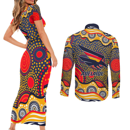 Adelaide Crows Couples Matching Short Sleeve Bodycon Dress and Long Sleeve Button Shirt Aboriginal Dot Pattern - Football Mascot Heritage Pride