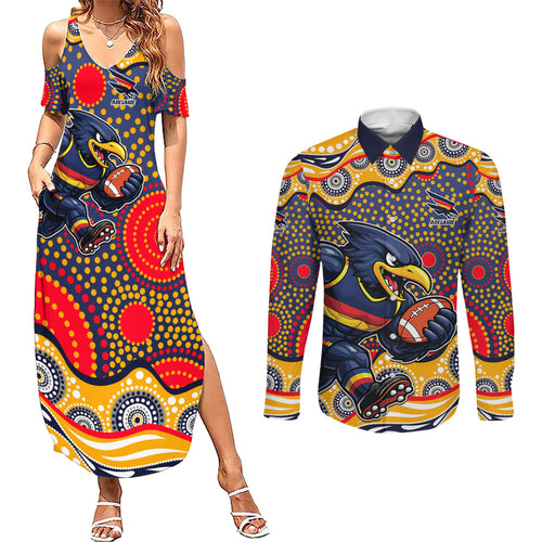 Adelaide Crows Couples Matching Summer Maxi Dress and Long Sleeve Button Shirt Aboriginal Dot Pattern - Football Mascot Heritage Pride