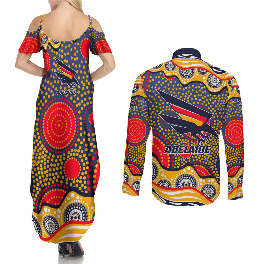 Adelaide Crows Couples Matching Summer Maxi Dress and Long Sleeve Button Shirt Aboriginal Dot Pattern - Football Mascot Heritage Pride
