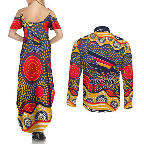 Adelaide Crows Couples Matching Summer Maxi Dress and Long Sleeve Button Shirt Aboriginal Dot Pattern - Football Mascot Heritage Pride