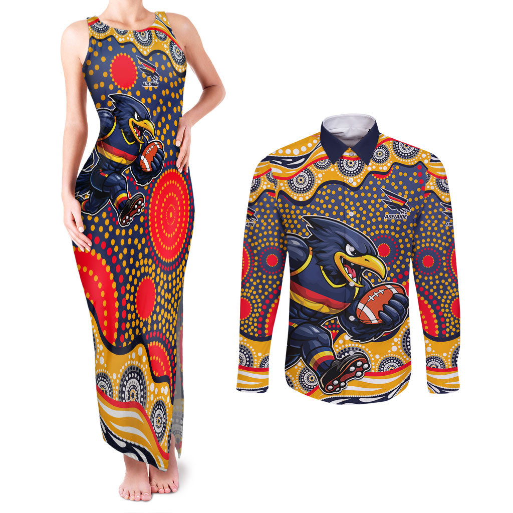 Adelaide Crows Couples Matching Tank Maxi Dress and Long Sleeve Button Shirt Aboriginal Dot Pattern - Football Mascot Heritage Pride