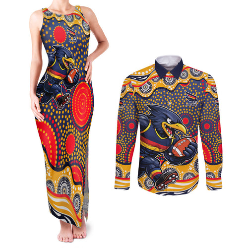 Adelaide Crows Couples Matching Tank Maxi Dress and Long Sleeve Button Shirt Aboriginal Dot Pattern - Football Mascot Heritage Pride