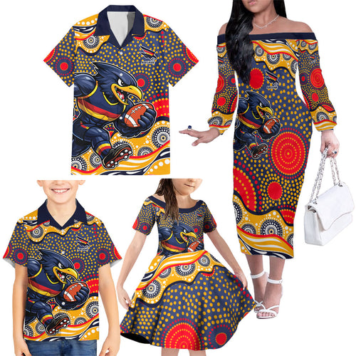 Adelaide Crows Family Matching Off The Shoulder Long Sleeve Dress and Hawaiian Shirt Aboriginal Dot Pattern - Football Mascot Heritage Pride