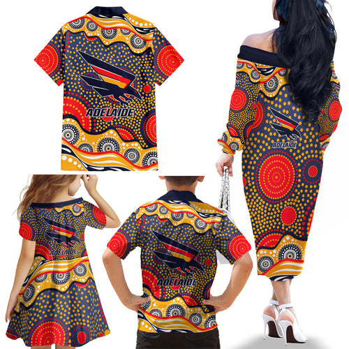 Adelaide Crows Family Matching Off The Shoulder Long Sleeve Dress and Hawaiian Shirt Aboriginal Dot Pattern - Football Mascot Heritage Pride