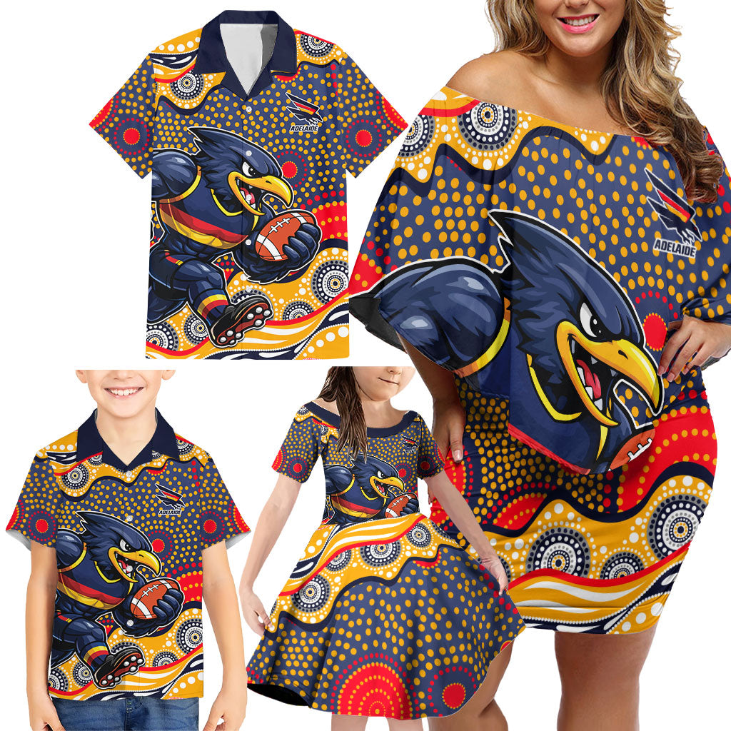 Adelaide Crows Family Matching Off Shoulder Short Dress and Hawaiian Shirt Aboriginal Dot Pattern - Football Mascot Heritage Pride