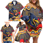 Adelaide Crows Family Matching Off Shoulder Short Dress and Hawaiian Shirt Aboriginal Dot Pattern - Football Mascot Heritage Pride