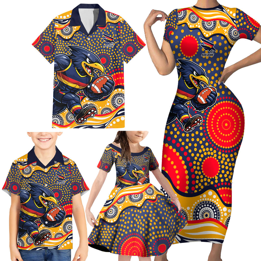 Adelaide Crows Family Matching Short Sleeve Bodycon Dress and Hawaiian Shirt Aboriginal Dot Pattern - Football Mascot Heritage Pride