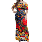 Adelaide Crows Off Shoulder Maxi Dress Aboriginal Dot Pattern - Football Mascot Heritage Pride