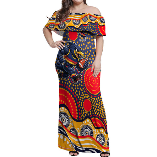 Adelaide Crows Off Shoulder Maxi Dress Aboriginal Dot Pattern - Football Mascot Heritage Pride