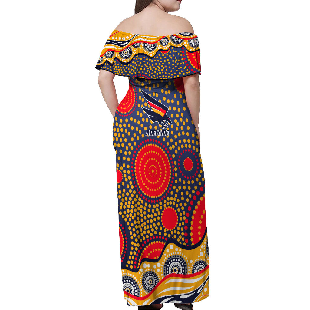 Adelaide Crows Off Shoulder Maxi Dress Aboriginal Dot Pattern - Football Mascot Heritage Pride