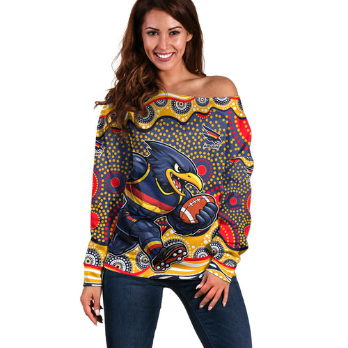 Adelaide Crows Off Shoulder Sweater Aboriginal Dot Pattern - Football Mascot Heritage Pride