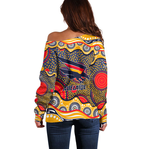 Adelaide Crows Off Shoulder Sweater Aboriginal Dot Pattern - Football Mascot Heritage Pride