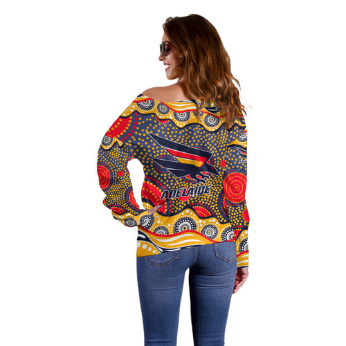 Adelaide Crows Off Shoulder Sweater Aboriginal Dot Pattern - Football Mascot Heritage Pride