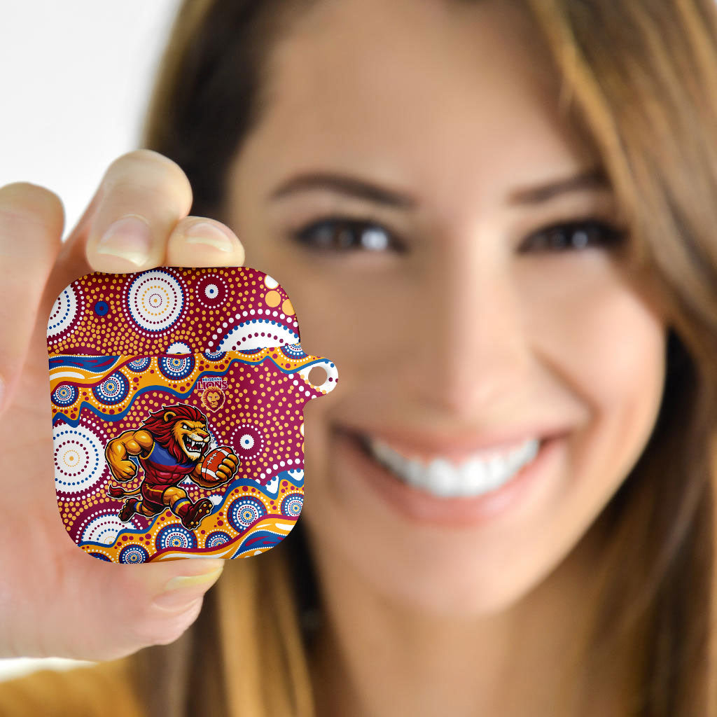 Brisbane Lions AirPods Case Aboriginal Dot Pattern - Football Mascot Heritage Pride