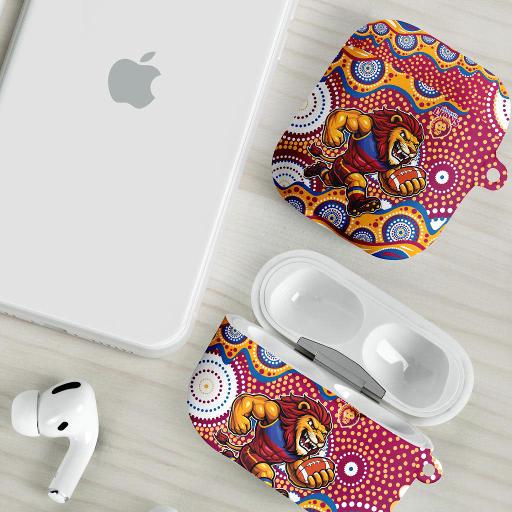 Brisbane Lions AirPods Case Aboriginal Dot Pattern - Football Mascot Heritage Pride