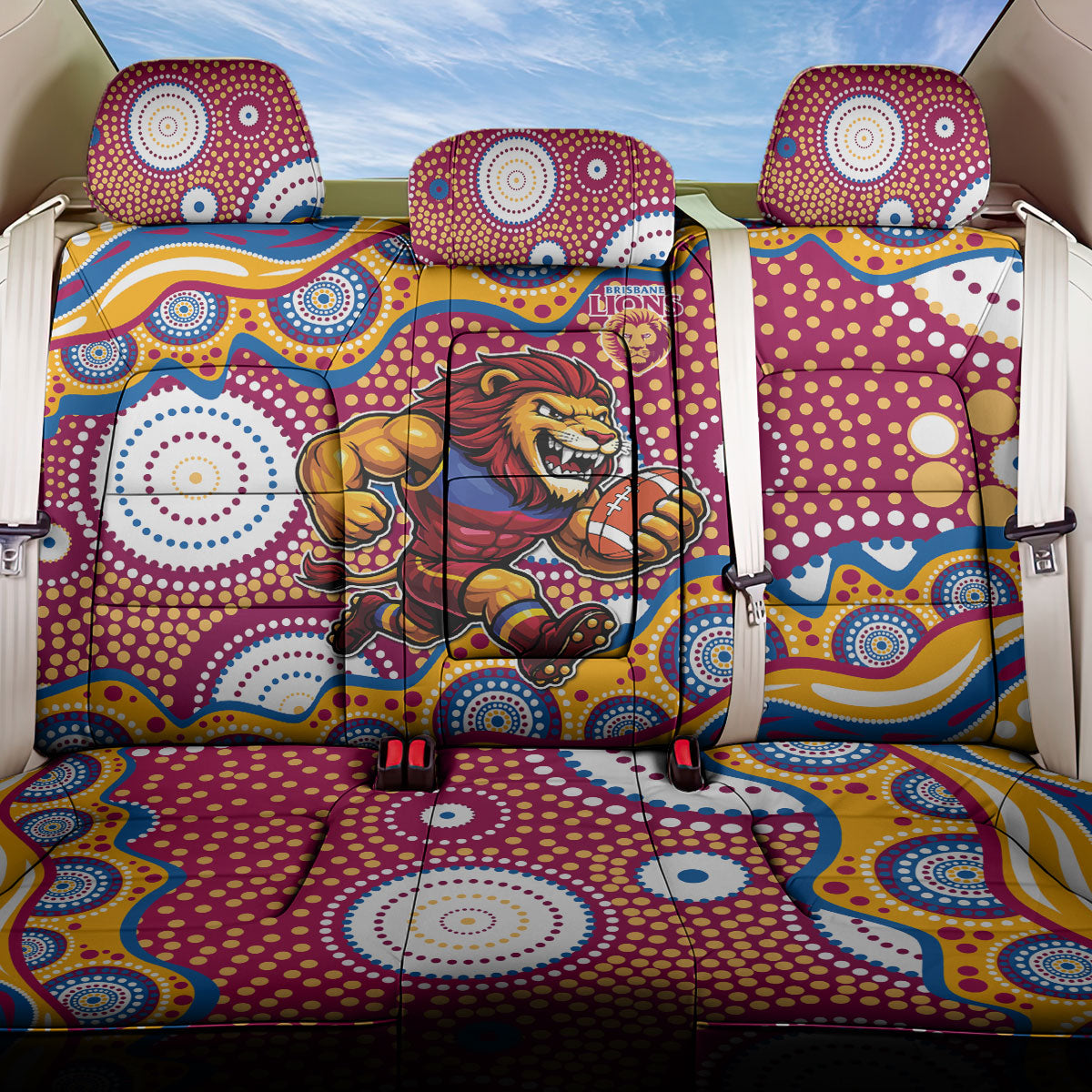 Brisbane Lions Back Car Seat Cover Aboriginal Dot Pattern - Football Mascot Heritage Pride