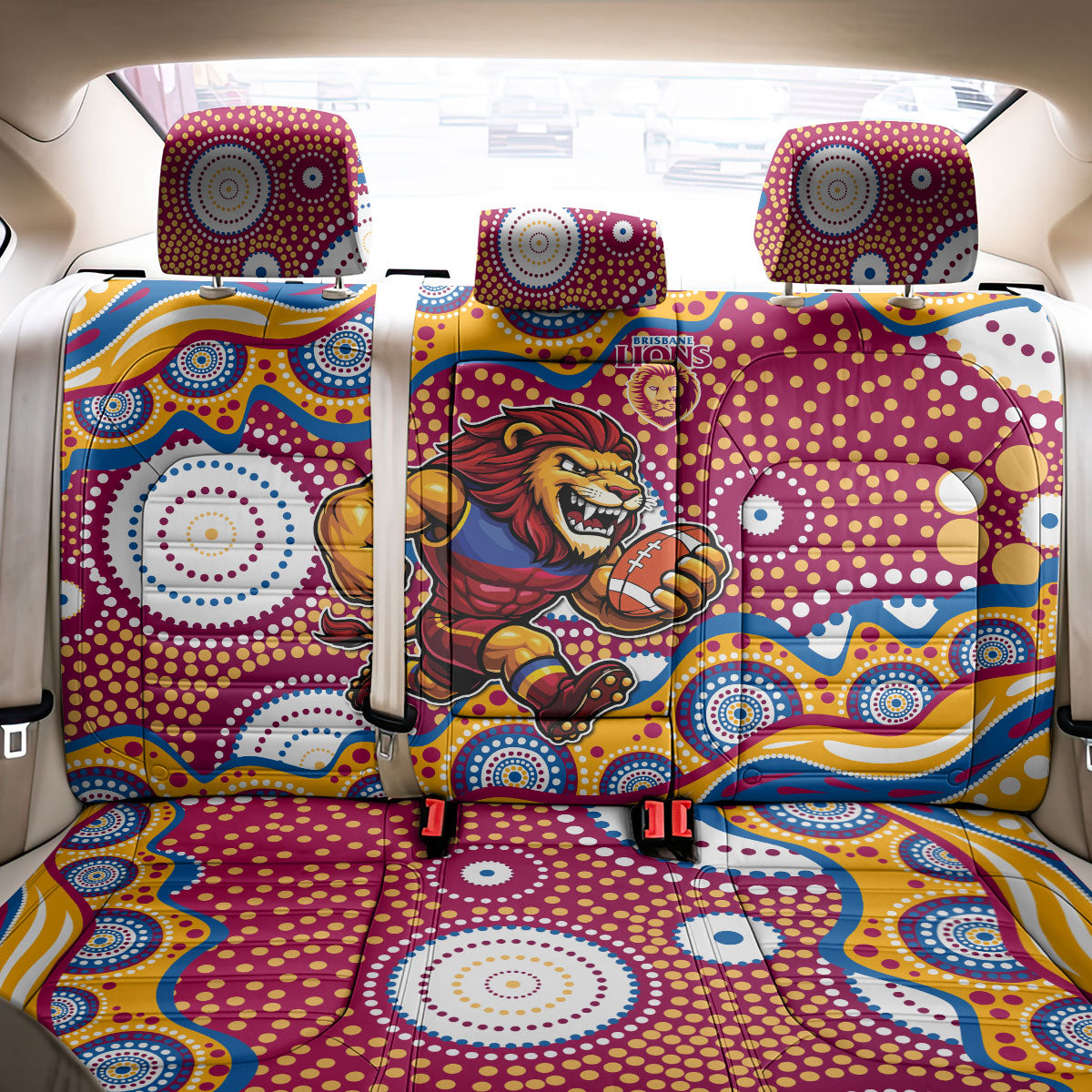 Brisbane Lions Back Car Seat Cover Aboriginal Dot Pattern - Football Mascot Heritage Pride