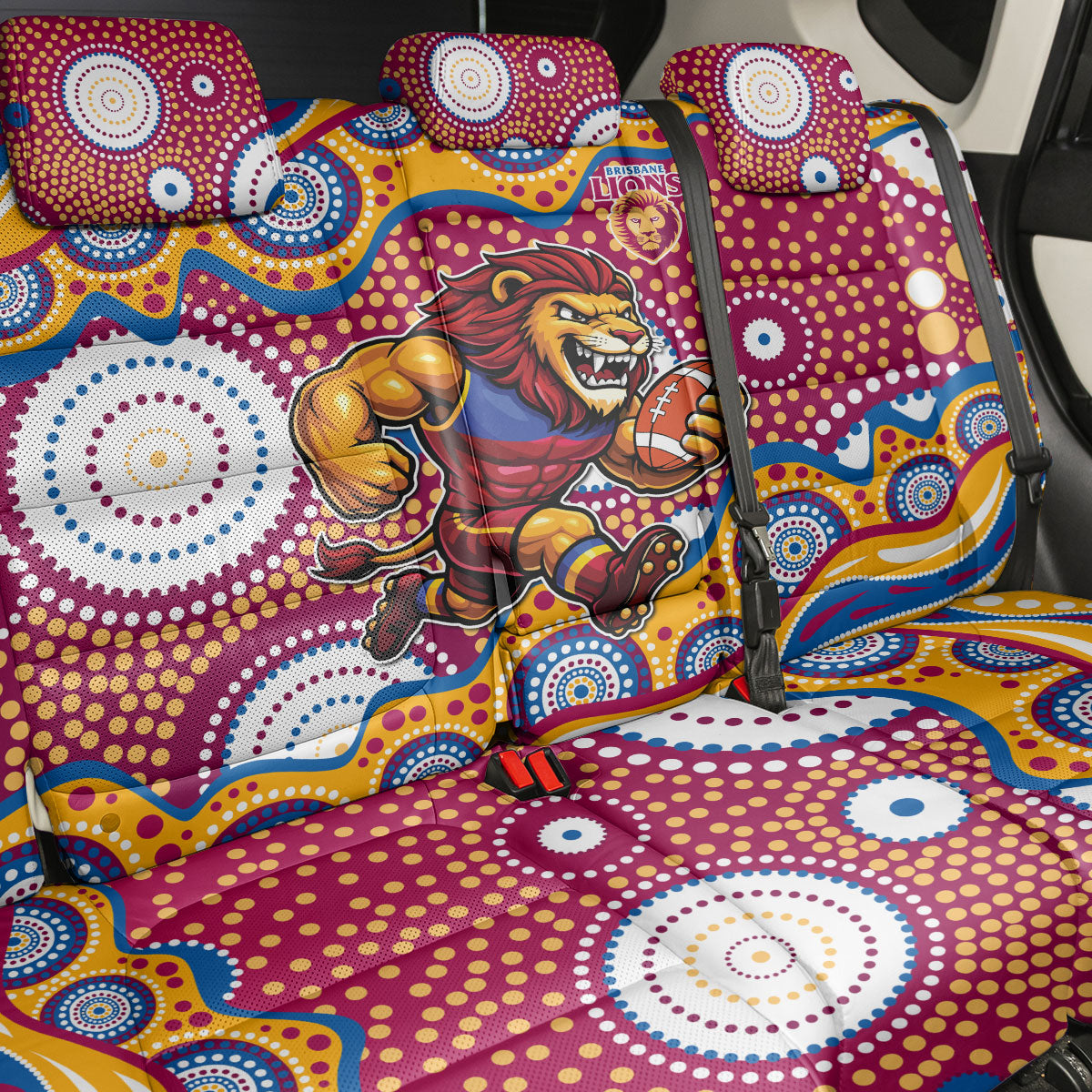 Brisbane Lions Back Car Seat Cover Aboriginal Dot Pattern - Football Mascot Heritage Pride