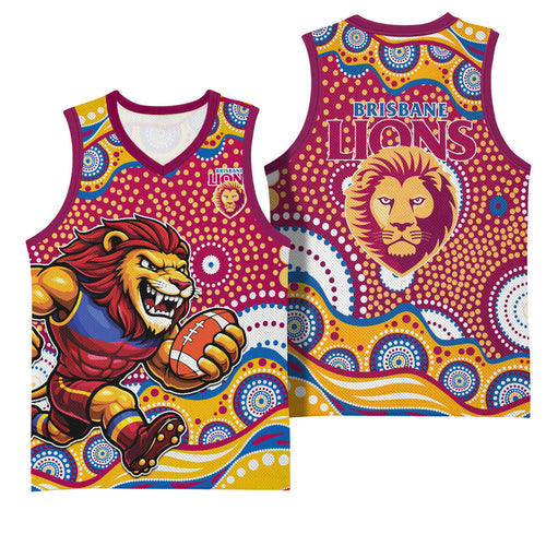 Brisbane Lions Basketball Jersey Aboriginal Dot Pattern - Football Mascot Heritage Pride