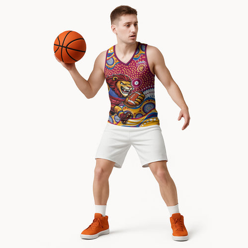 Brisbane Lions Basketball Jersey Aboriginal Dot Pattern - Football Mascot Heritage Pride