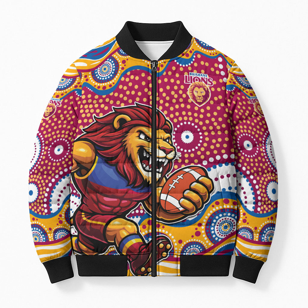 Brisbane Lions Bomber Puffer Jacket Aboriginal Dot Pattern - Football Mascot Heritage Pride