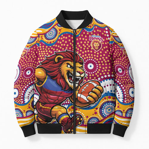 Brisbane Lions Bomber Puffer Jacket Aboriginal Dot Pattern - Football Mascot Heritage Pride