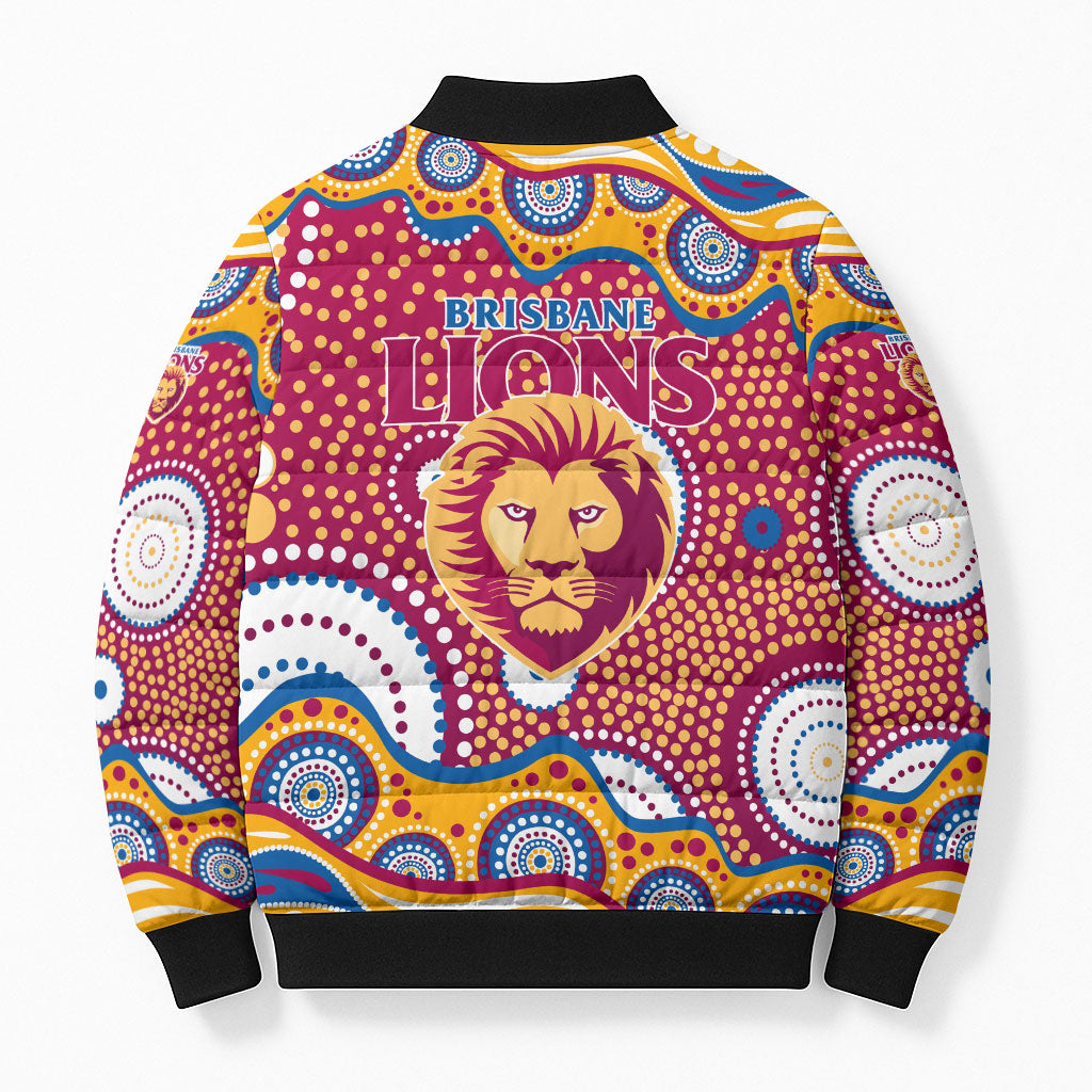 Brisbane Lions Bomber Puffer Jacket Aboriginal Dot Pattern - Football Mascot Heritage Pride
