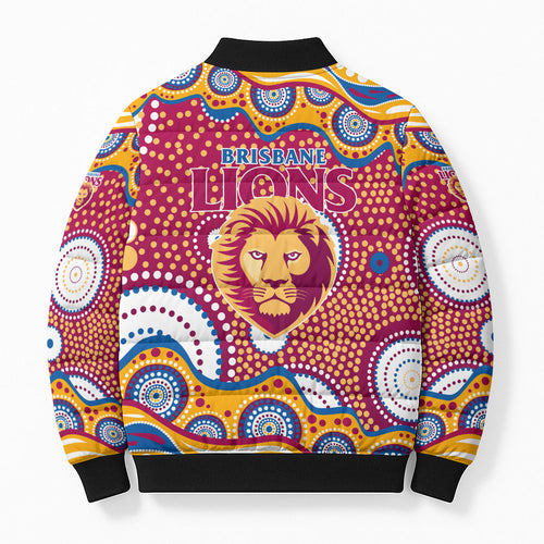 Brisbane Lions Bomber Puffer Jacket Aboriginal Dot Pattern - Football Mascot Heritage Pride