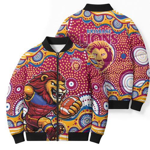Brisbane Lions Bomber Puffer Jacket Aboriginal Dot Pattern - Football Mascot Heritage Pride