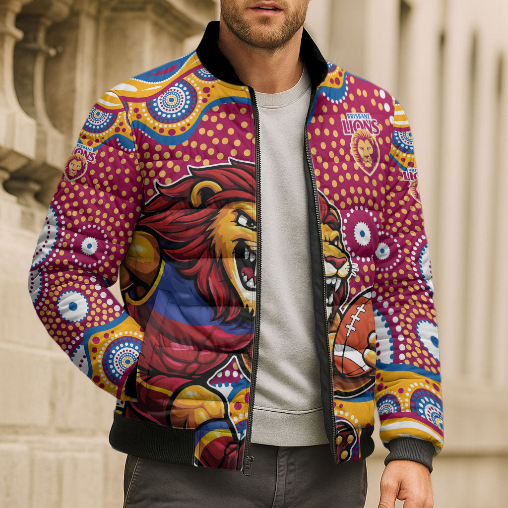 Brisbane Lions Bomber Puffer Jacket Aboriginal Dot Pattern - Football Mascot Heritage Pride