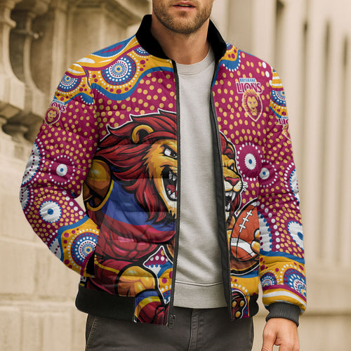 Brisbane Lions Bomber Puffer Jacket Aboriginal Dot Pattern - Football Mascot Heritage Pride