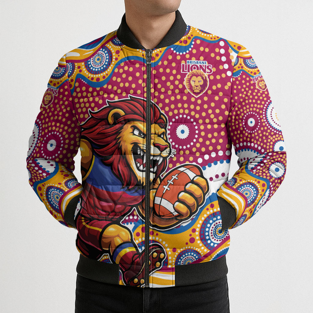 Brisbane Lions Bomber Puffer Jacket Aboriginal Dot Pattern - Football Mascot Heritage Pride