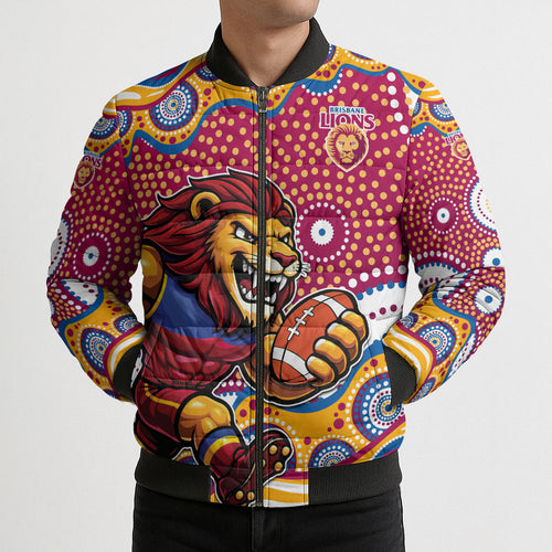Brisbane Lions Bomber Puffer Jacket Aboriginal Dot Pattern - Football Mascot Heritage Pride