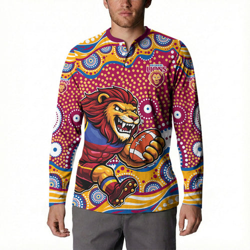 Brisbane Lions Button Sweatshirt Aboriginal Dot Pattern - Football Mascot Heritage Pride