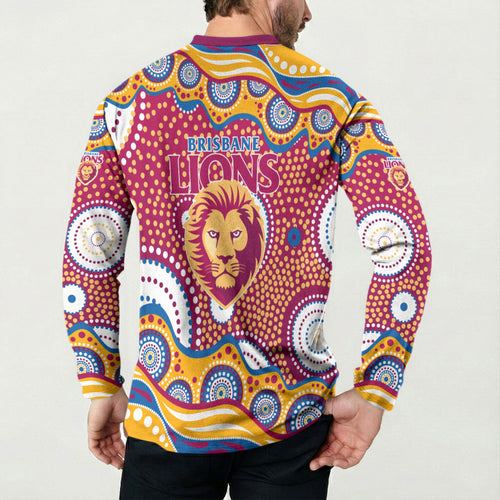 Brisbane Lions Button Sweatshirt Aboriginal Dot Pattern - Football Mascot Heritage Pride