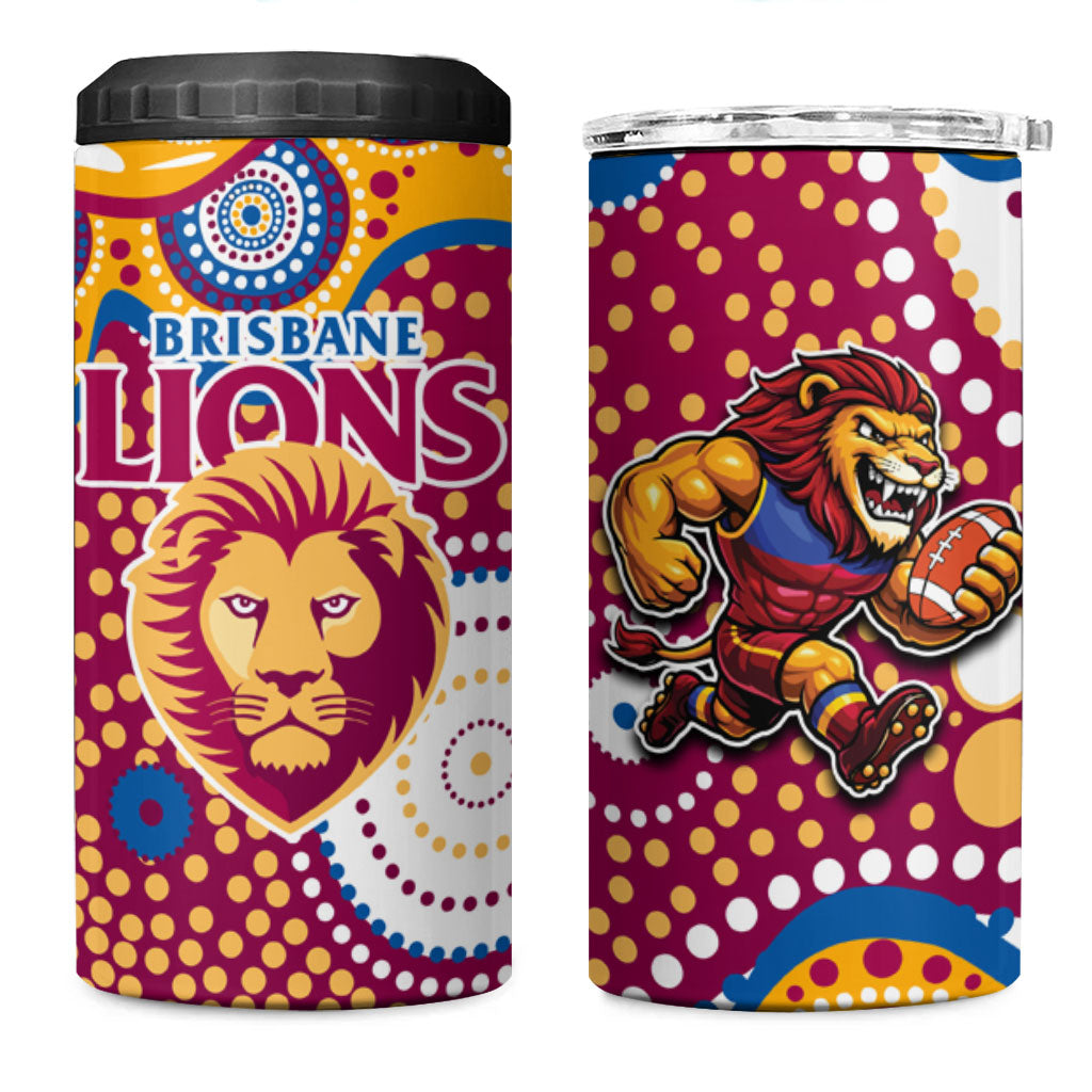 Brisbane Lions 4 in 1 Can Cooler Tumbler Aboriginal Dot Pattern - Football Mascot Heritage Pride
