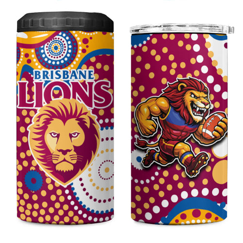 Brisbane Lions 4 in 1 Can Cooler Tumbler Aboriginal Dot Pattern - Football Mascot Heritage Pride
