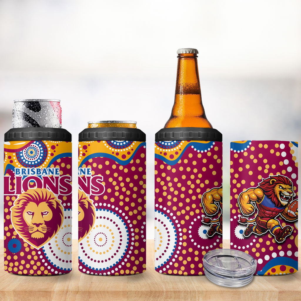 Brisbane Lions 4 in 1 Can Cooler Tumbler Aboriginal Dot Pattern - Football Mascot Heritage Pride