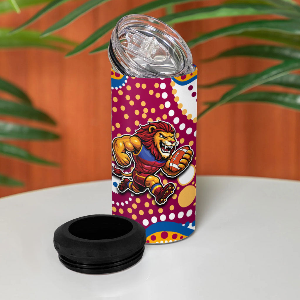 Brisbane Lions 4 in 1 Can Cooler Tumbler Aboriginal Dot Pattern - Football Mascot Heritage Pride